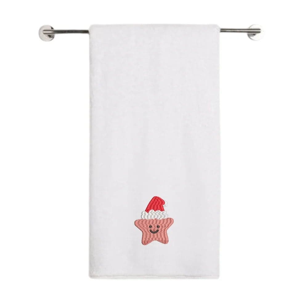 Iris Christmas Embroidered 70 x 140 Cm White Bath Towel - "Smiling Christmas Star with Santa Hat" Design 100% Cotton - Premium Holiday Collection