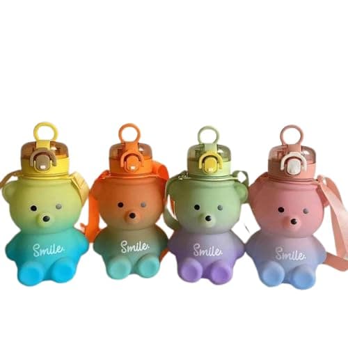 Scoovi Cute Teddy Shape Water Bottle with Straw Strap Portable Mouth BPA Free and Leakproof for Kids Multi Color Pack of 1Color as per Stock