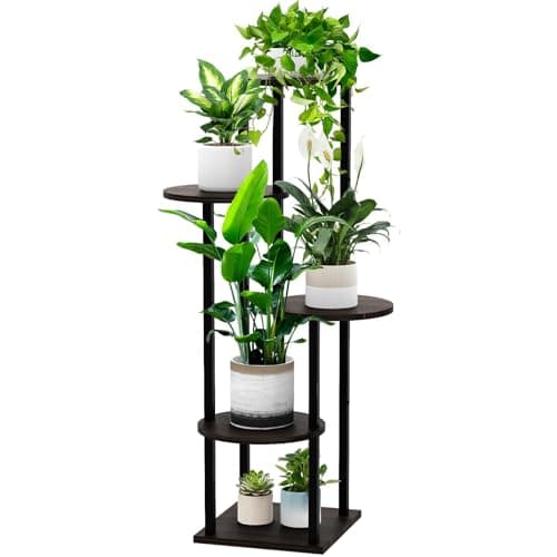 YOCOMEY 5 Tier Wood Tall Plant Stand Metal Rack Indoor, Multiple Flower Pot Holder Shelves Corner Rack, Round Planter Shelf Display Rack Storage Organizer for Patio Living Room Balcony(Black+Oak)