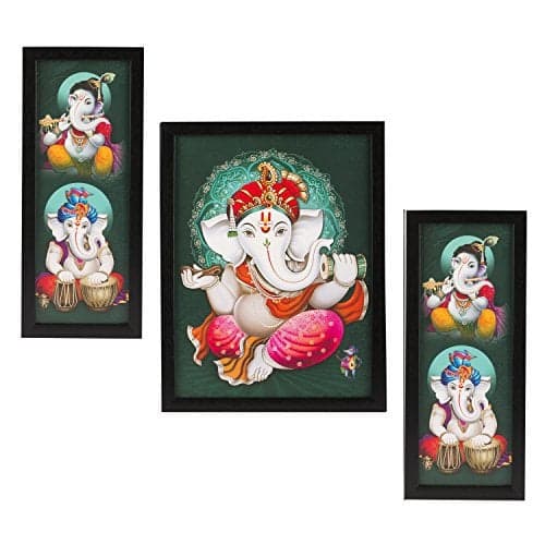 Indianara 3 PC Set of Ganesha Paintings Without Glass 5.2 X 12.5, 9.5 X 12.5, 5.2 X 12.5 inch