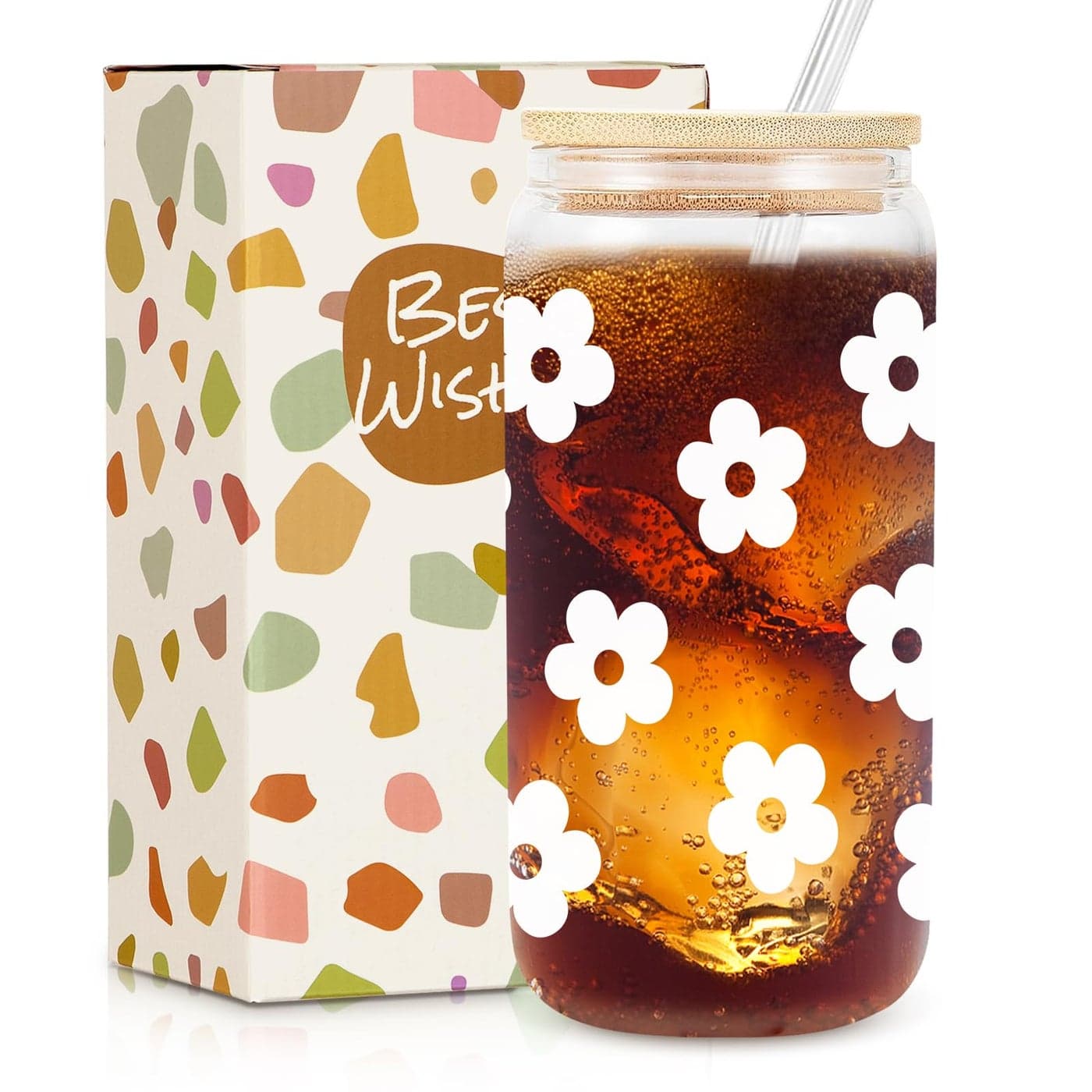 Daisy Glass Cup with Lid Straw Cute Daisy Gifts for Friends Female Best Friend Birthday Gifts Iced Coffee Glass Aesthetic Cups Floral Cup 16oz
