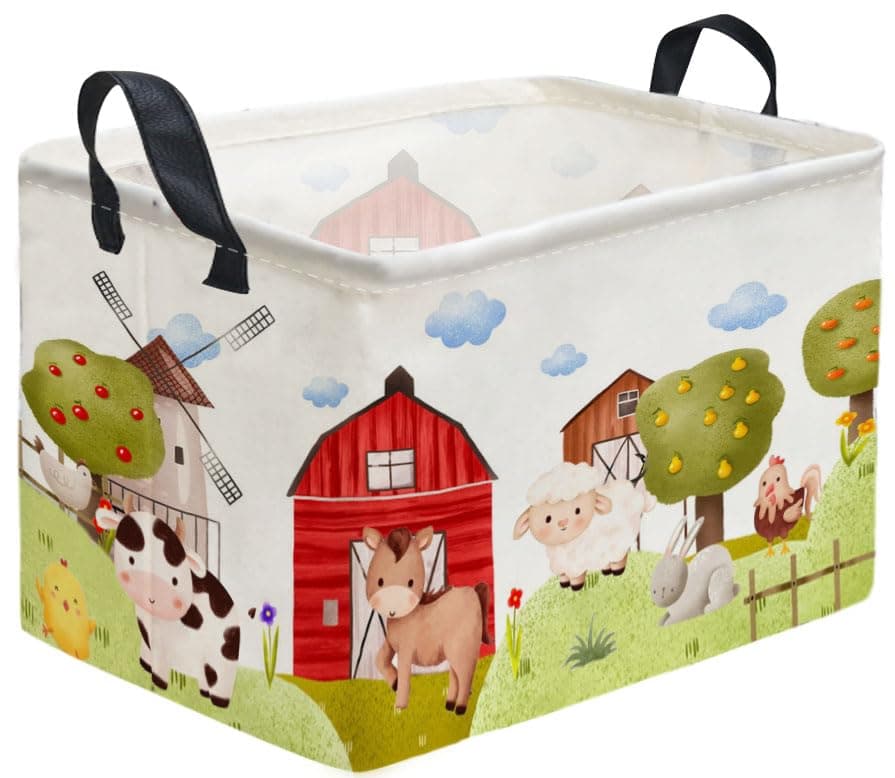 Sanjiaofen Rectangular Kids BasketsFarm Baskets for Kids Waterproof PE Coating Cute Basket with HandlesBoys BinsGifts BoxBooks Basket Farm