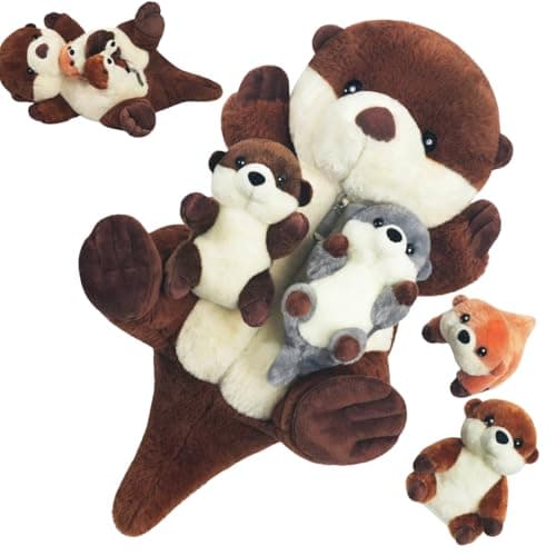 XYHQYB 5 PCS Sea Otter Stuffed Animals Large Mommy Otter Plush with 4 Babies Stuffed Otters Inside Soft Cuddly Otter Plushies Pillow Toy Gift for Kids Easter Birthday Christmas Ocean Party