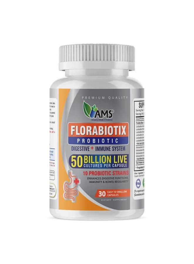 Florabiotix Probiotic (30 Capsules) | Dietary Supplement for Men and Women| 50 Billion Live Cultures | 10 Probiotic Strains | Supports Digestive and Immune Health