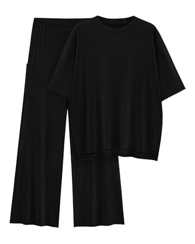 KIRUNDO 2 Piece Lounge Set Women 2025 Spring Summer Short Sleeve Loose Tops and Wide Leg Long Pants Sets Jogger Comfy Tracksuit Trendy Casual Clothing(Black, Medium)