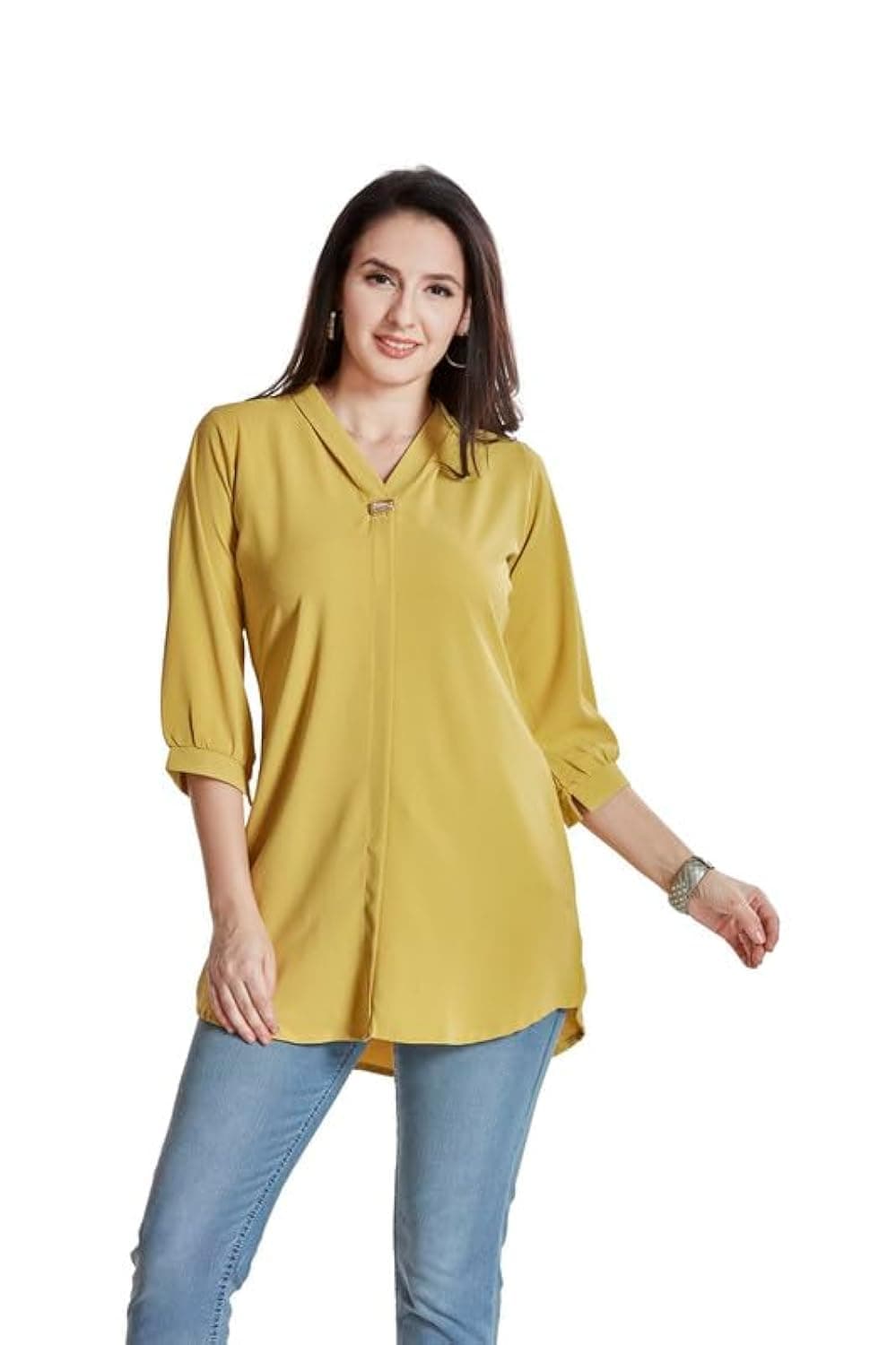 nioni Women’s Solid Tunic with Fashionable V-Fold Neck | Micro Pleated Rayon Kurti | Lycra Material | 3/4th Sleeve Short Kurta for Woman & Girl (Lemon Yellow, M)