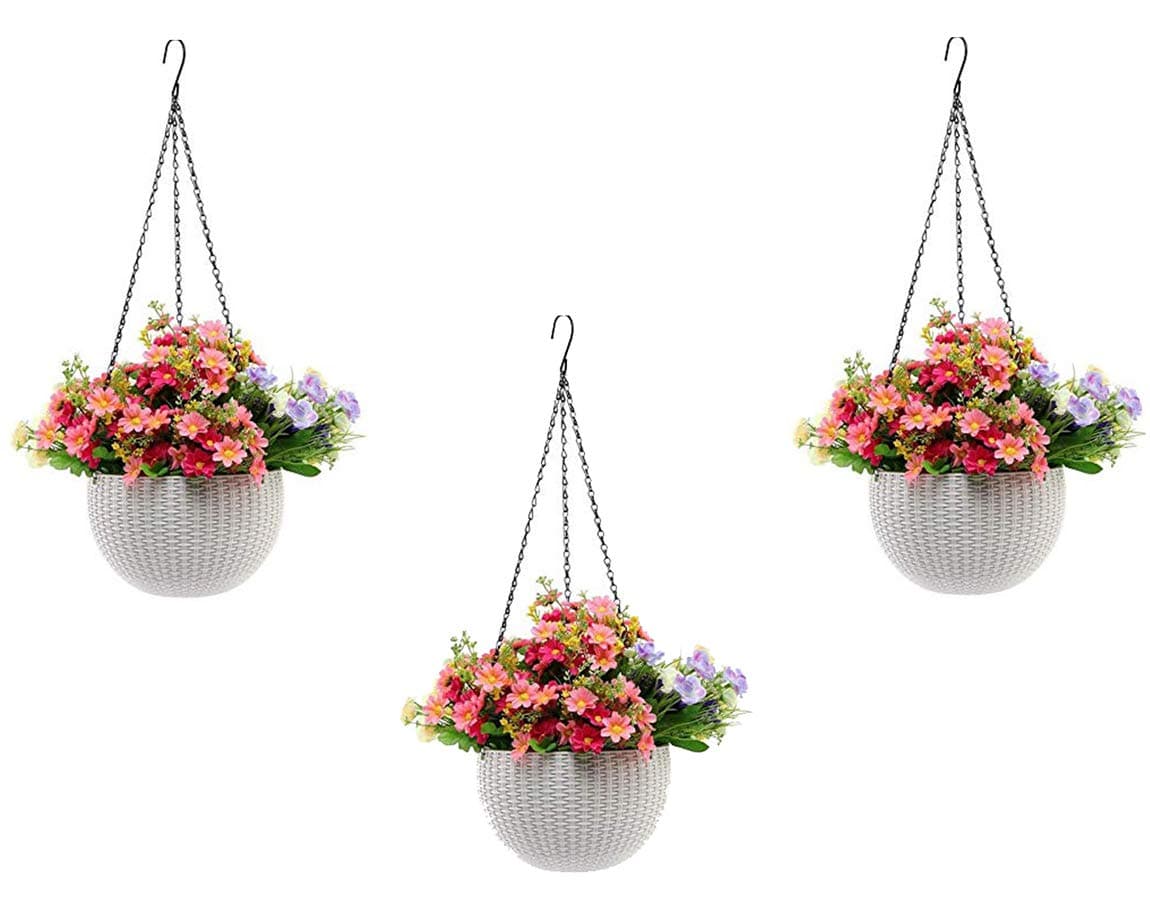 Go Hooked Plastic Hanging Pot, White, Pot Diameter-7.1 Inch, Pot Height-4.8 Inch, Pot Thickness-3 mm, Chain Length-13 inch Approx., 3 Pieces (RATTANWHT-3PCS)