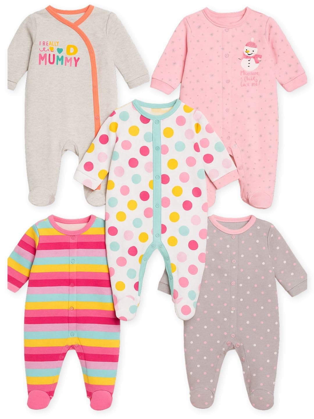 TuddyBuddy Baby Girl's 100% Cotton Relaxed-Fit Multi Color Sleepsuit Onesie Romper with Snap Button Closure - (Pack of 5 Assorted Rompers - 3-6 Months)