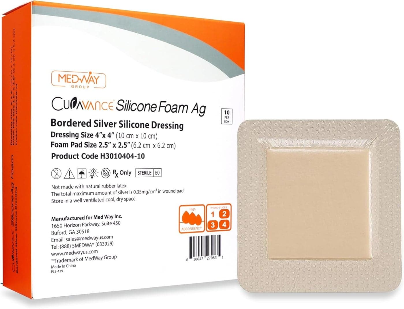 MedVance Bordered Silver Silicone Ag Sterile Highly Absorbent Antibacterial Dressing, 4"x 4" (2.5" x 2.5" Pad), Pack of 10