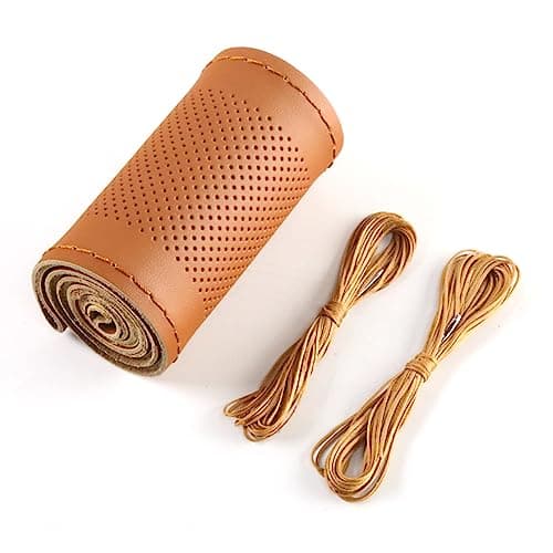 NGHEY Pack1 Leather Steering Wheel Cover Universal NonSlip Stitch On Wrap DIY Car Wheel Cover Protector with Needle and Thread for Most Cars SUVs and Trucks Brown