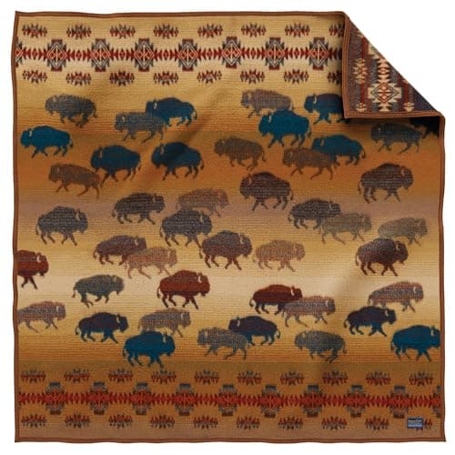 Pendleton Jacquard Wool Throw, Large 64" x 64", Soft and Warm Wool Cotton Fabric, Reversible All Season Throw Blanket for Sofa, Bed and Home Décor, Dry Clean, Made in USA - Prairie Rush Hour Rustic