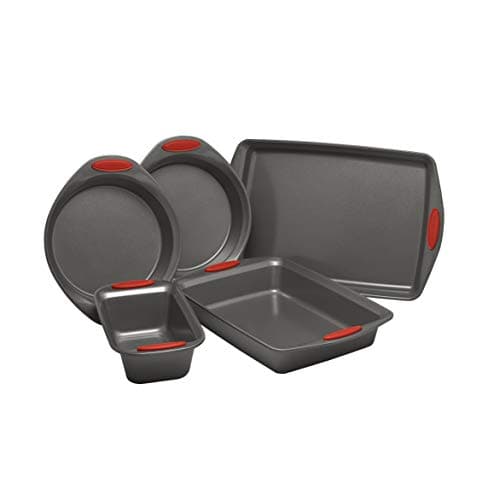 Rachael Ray Nonstick Bakeware with Grips includes Nonstick Bread Pan Baking Pan Cake Pans and Cookie Sheet Baking Sheet 5 Piece Gray with Red Grips