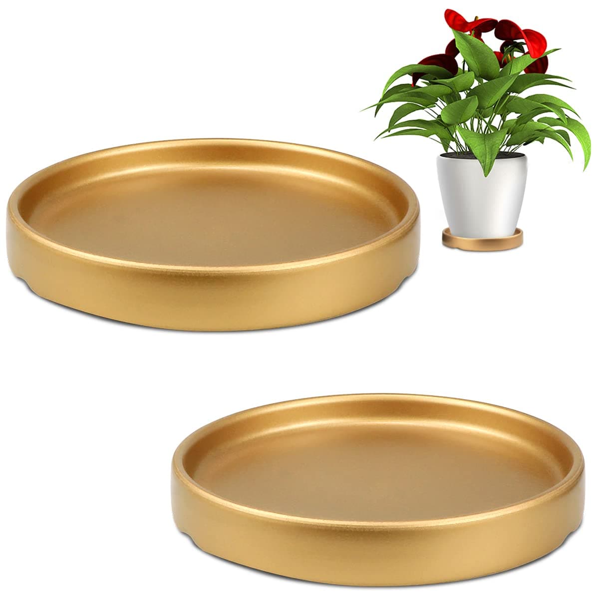 LNQ LUNIQI Round 4 Inch Ceramic Plant Saucer Drip Tray Set of 2 for Indoor Small Flower Pots Home Garden Outdoor Flower Plant PotGold Saucers