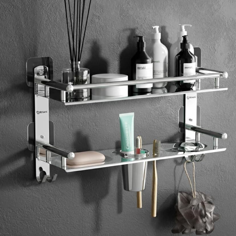 GRIVAN Stainless Steel Self Adhesive 2 Tier Multipurpose Shelf/Shelve/Rack/Organizer/Stand/Holder with Double Soap Dish and Toothbrush Holder Bathroom Accessories