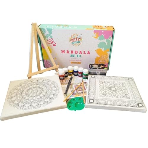 Hobby Nest DIY Mandala Art Kit- Level 3 for Adults and Kids | 2 Pre-Outlined Canvas Boards (8x8), Acrylic Paints, Easel, Brushes, Palette | Complete Painting Kit for Beginners, Gifting & Relaxation