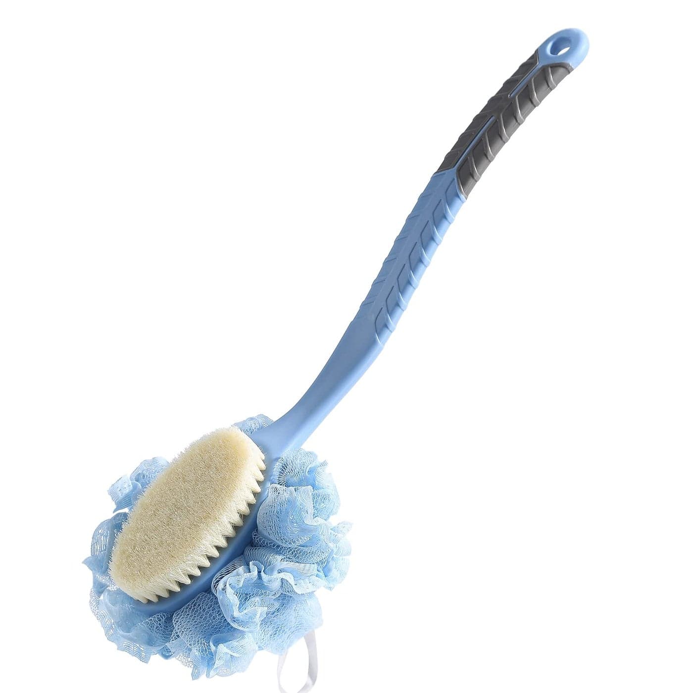 2nd Generation Shower Body Brush with Bristles and LoofahBack Scrubber Bath Mesh Sponge with Curved 16 Long NonSlip Handle Skin Exfoliating Massage Suitable for Men and Women Blue