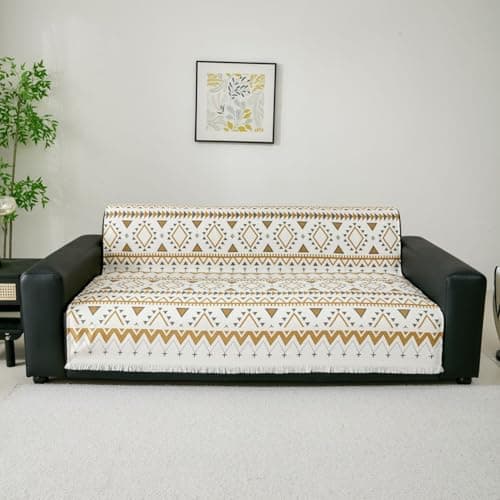 HOMETHREADS Chenille Dual Line Thick and Soft Sofa Cover | Elevate Your Living Space with Luxurious Slipcover Solutions for Sofa (White Mustard Triangles, 1 Seater|70x180cm)