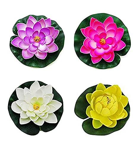 LOGRO Set of 4 Piece Artificial Floating Lotus Foam Flowers with Rubber Leaf for Outdoor Indoor Home Wedding Aquariums Decoration