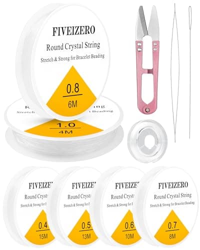 6 Rolls FIVEIZERO Elastic Bracelet String Cord, 0.4mm, 0.5mm, 0.6mm, 0.7mm, 0.8mm, 1mm Crystal Clear Stretchy Elastic Bead String for Bracelets, Jewelry Making and Clay Pony Seed Stone Beads Beading