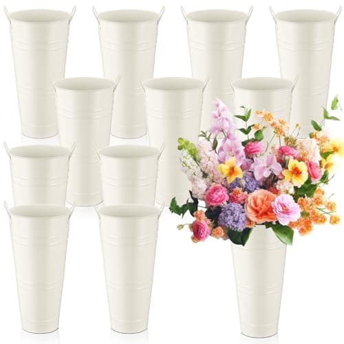 Zhehao 12 PCS 12 Inch Galvanized Metal Vase with Handles Bulk Tin Flower Buckets Galvanized Vases for Flowers Country Wedding Table Centerpieces Metal Flower Buckets for Wedding Home(Creamy White)
