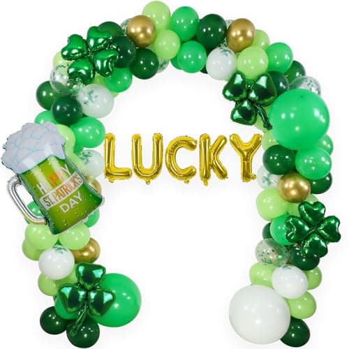 St Patricks Day Balloon Arch Garland Kit 120Pcs Green Gold CloverPrint Balloons with Beer Cup Balloons for Irish Festival Decorations Spring Outdoor Indoor Birthday Party Supplies