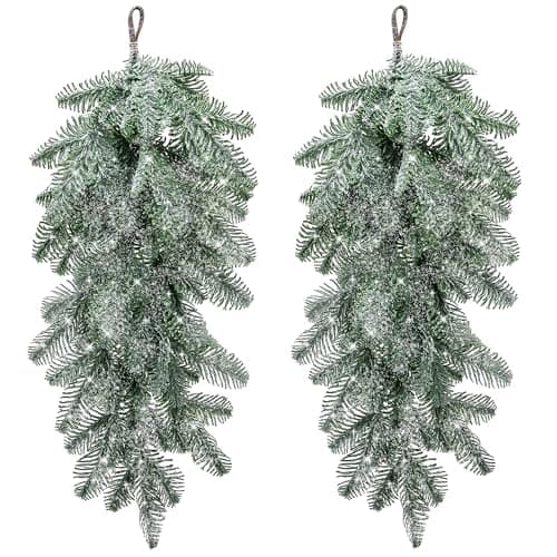 Watayo 2 Pcs Artificial Christmas Snow Teardrop Swag 23 Faux Snow Flocked Norfolk Pine Teardrop Door Swag White Frosted Real Touch Pine Wreath Staircase Swags for Xmas Door Mantle Fireplace Decor