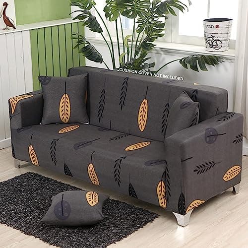 House of Quirk Universal Double Seater Sofa Cover Big Elasticity Cover for Couch 140 GSM Sofa Slipcover (Grey Mustard Leaf, 145-185cm)