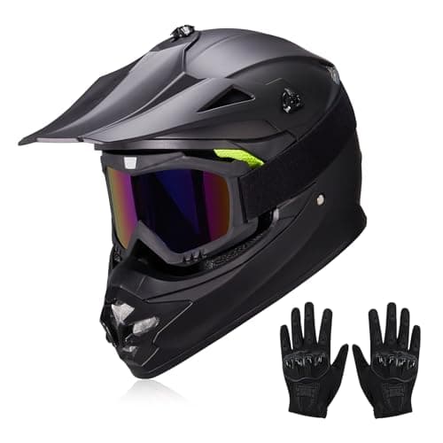 JQF Gear Youth Kids Dirt Bike Helmets Motocross Offroad ATV BMX MX Dirtbike Motorcycle Helmet J01 with Goggles and Gloves DOT Approved Flat Black M
