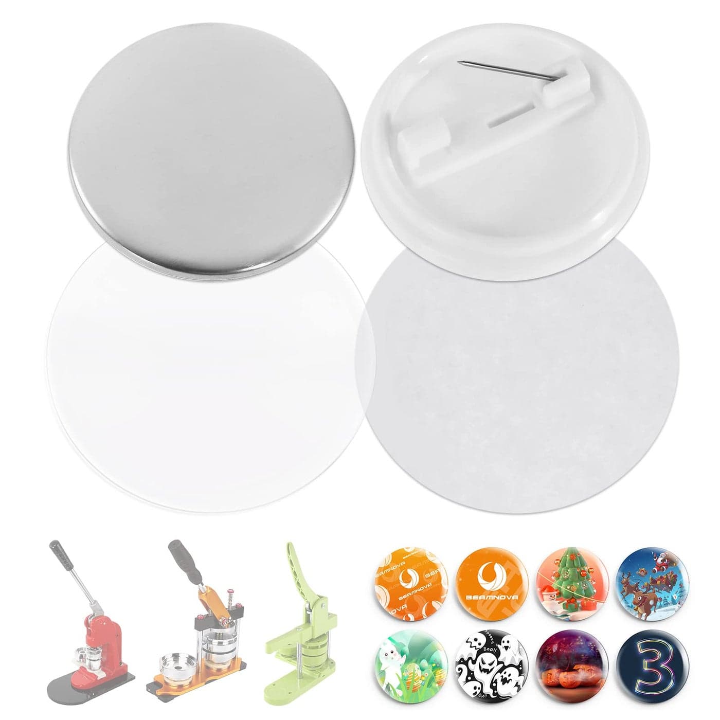 BEAMNOVA 200 Sets of Button Parts Supplies 32mm 126 in Approx 114 inch for Round Button Maker Machine Pin Maker Every Set Includes Tinplate Top Plastic Clip Bottom Plastic Film
