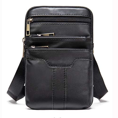 Leather Cell Phone Shoulder Bag Mens, Cell Phone Waist Bag Leather, Small PU Leather Shoulder Messenger Pouch Travel Crossbody Pack Belt Clip Holster Wallet Chest Bag for Cell Phone/Mini Tablet