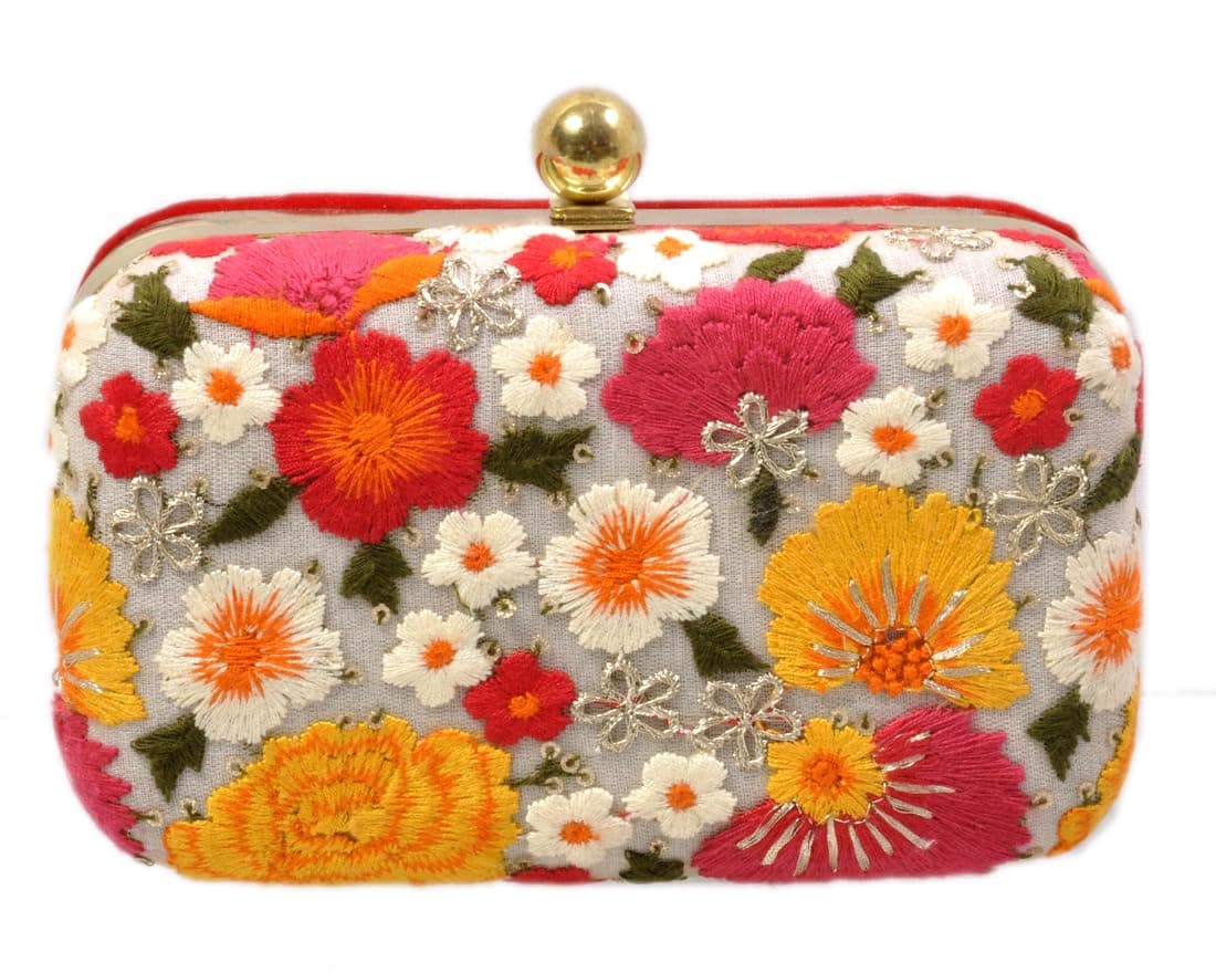 DUCHESS Women’s Embroidered Floral Box Clutch Bag – Silk Wedding Purse with Gold Metal Frame and Detachable Chain Strap – Ethnic Indian Bridal Handbag for Parties, Proms, and Evening Events