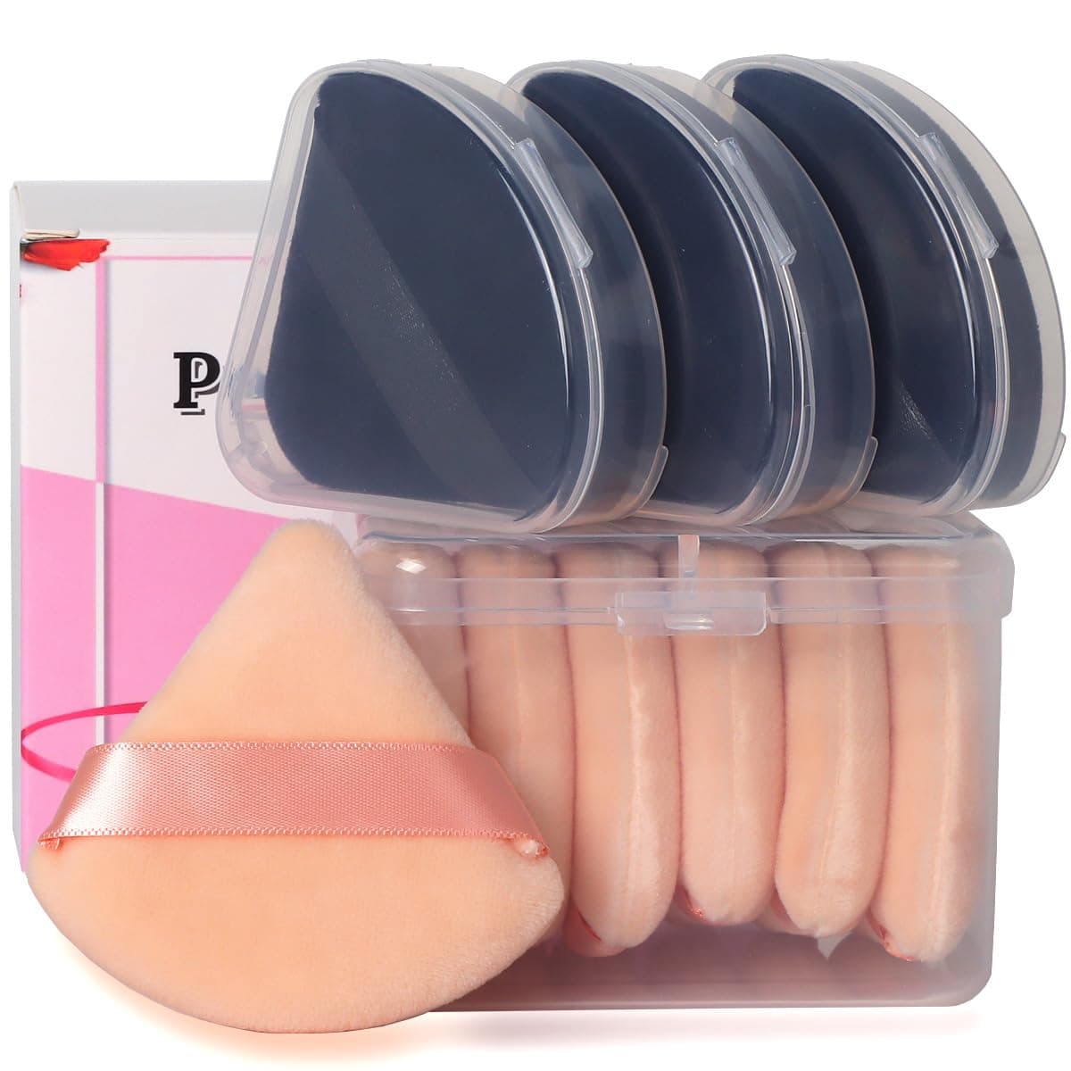 Ocim 10Pcs Triangle Powder Puffs for Face PowderSoft Velour Triangular Beauty PuffMakeup PressedBaking Setting Powder Sponge Applicator Pads with CaseBlackNude