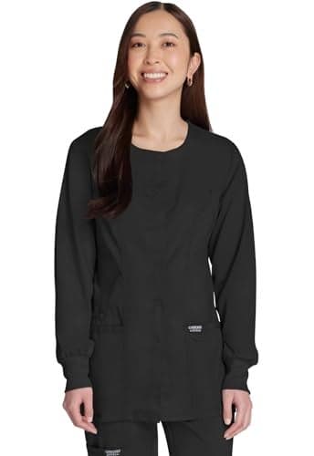 Snap Front Scrub Jackets for Women, Workwear Revolution Soft Stretch WW310, L, Black