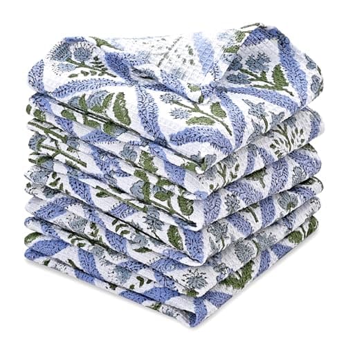 Ridhi Light Steel Blue Hand Block Print Cotton Waffle Dish Cloth Set of 6-12x12 Inch Super Absorbent, Soft, Reusable Kitchen Towels for Dish Drying Cleaning, Ideal for Spring, Easter, Valentine