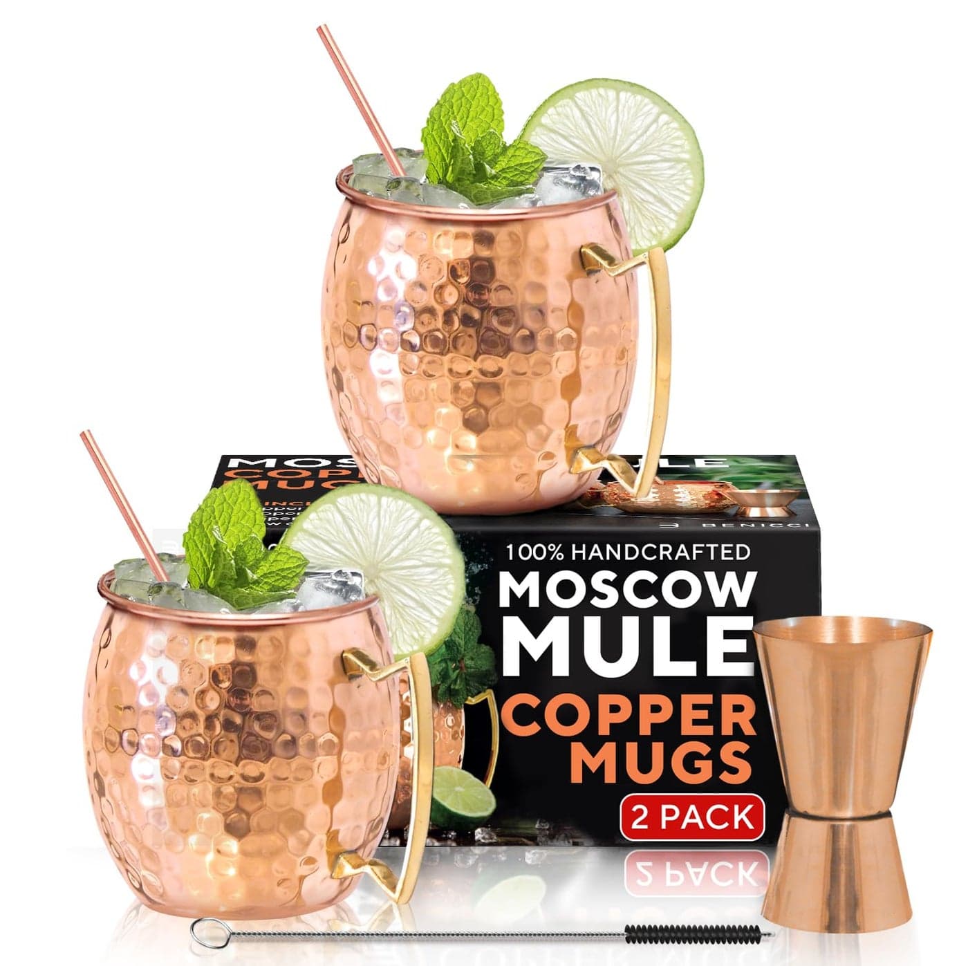Benicci Moscow Mule Copper Mugs Set of 2 100 HANDCRAFTED Food Safe Pure Copper Solid Mugs 16 oz Gift Set with Premium Quality Cocktail Straws Straw Cleaning Brush and Jigger
