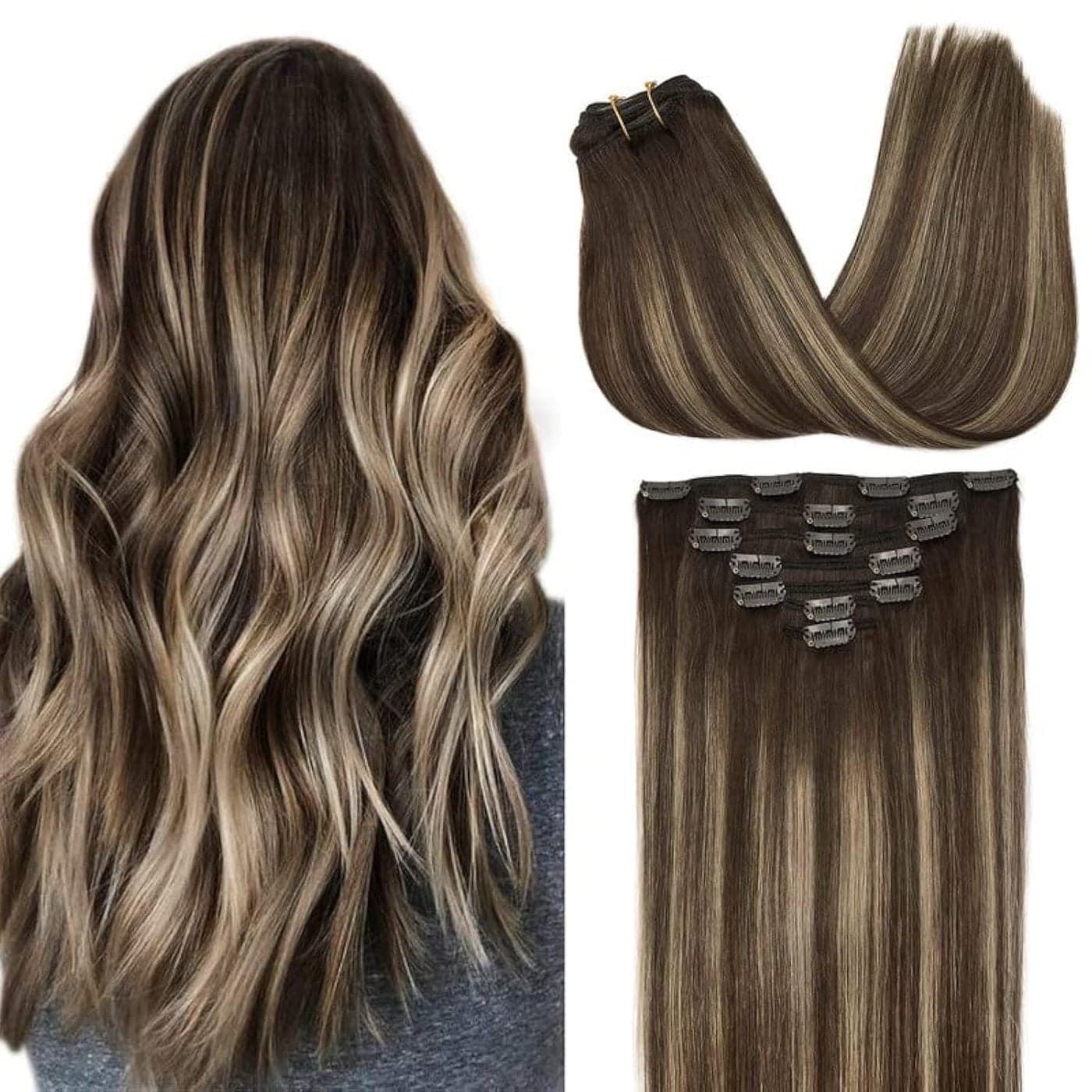 GOO GOO Clip in Hair Extensions Real Human Hair Remy Human Hair Extensions Clip ins for Women Natural Human Hair 12inch 85g 7Pcs 4264 Balayage Chocolate Brown to Honey Blonde