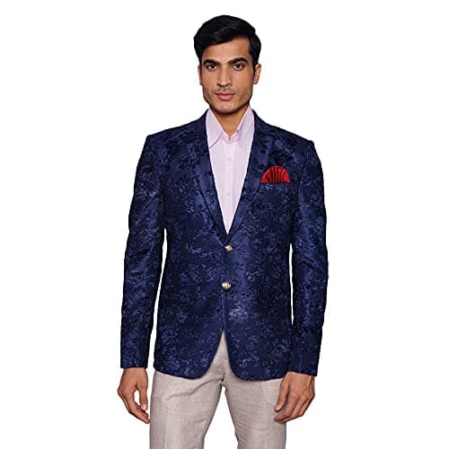 WINTAGE Men's Embroidered Velvet Party/Festive Indian Grandad Blazer : Blue,Medium