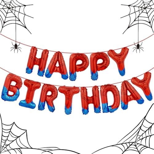 Spider Themed Happy Birthday Banner Party Decorations Kit with Spider Balloons Colorful Superhero Backdrop Supplies for Boys Kids Indoor Outdoor Celebration Themed Party EssentialsSpider BlueRed