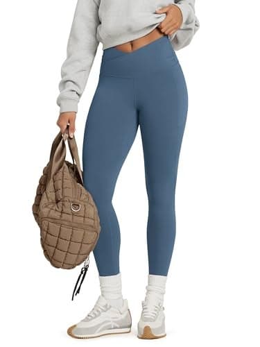 ODODOS Cloud Feeling Gathered Cross Waist Leggings with Pockets for Women 28" Crossover Lounge Yoga Pants, Ink Blue, Large