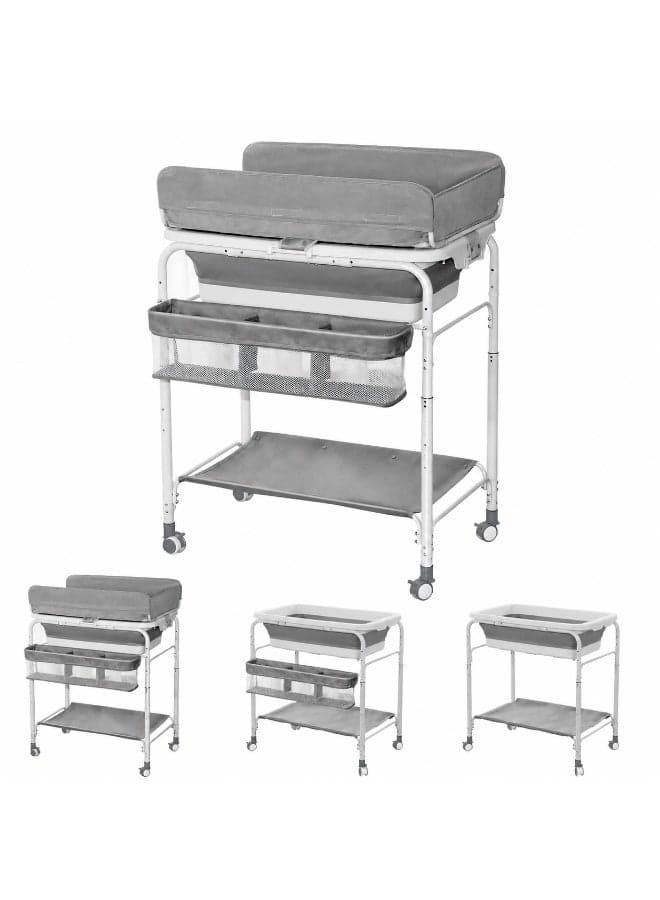 2-in-1 Portable Changing Table With Built-in Bathtub, Foldable Design, Equipped With Wheels, Height Adjustable Diaper Changing Station, As New Birth Gift