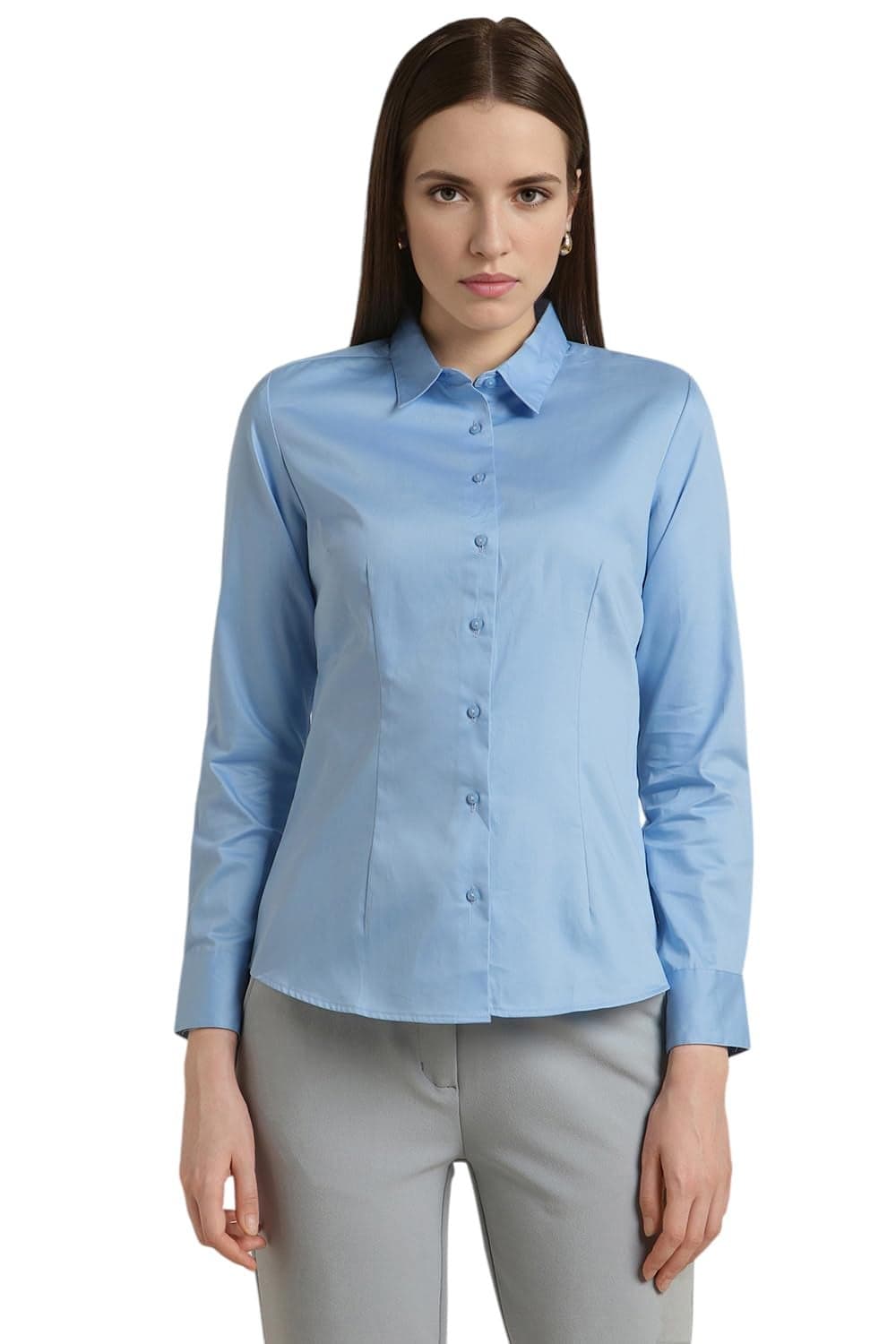Van Heusen Women Cotton Solid Regular Fit Shirt (VWSFCRGF398085_Blue, 2XL