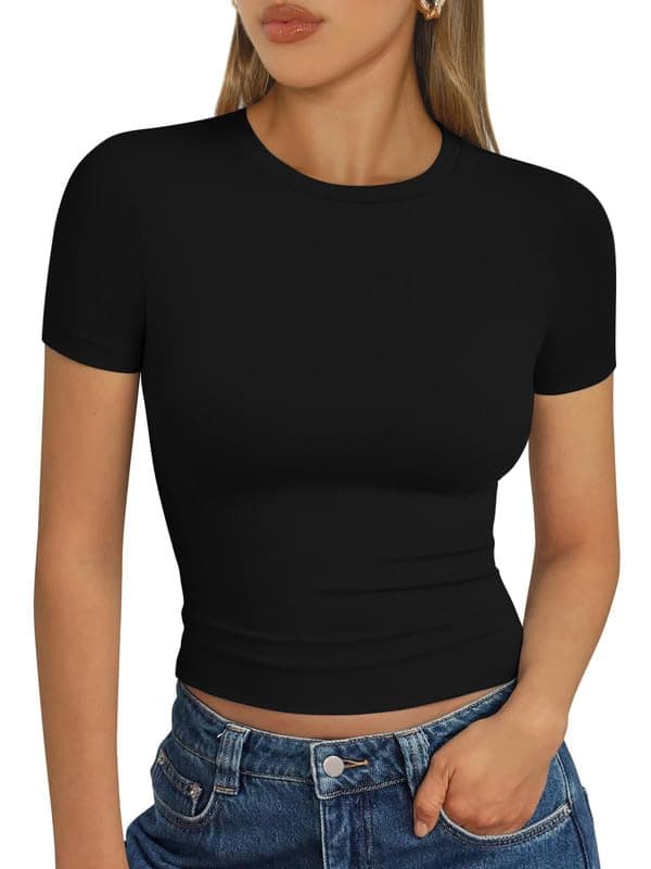 Womens Square Neck Short Sleeve Crop Top Double Lined Slim Fitted Basic Tee Going Out Cute Summer T Shirt Trendy VG17 1120 (S, BLK)