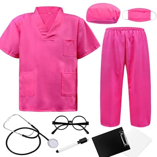ZZIHAN Kids Doctor Costume Rose Medical Scrubs Outfit with Stethoscope Mask Cap Glassesfor Halloween Career Day Pretend Play Nurse Dentist Vet DressUp for Toddler Boys Girls 34T