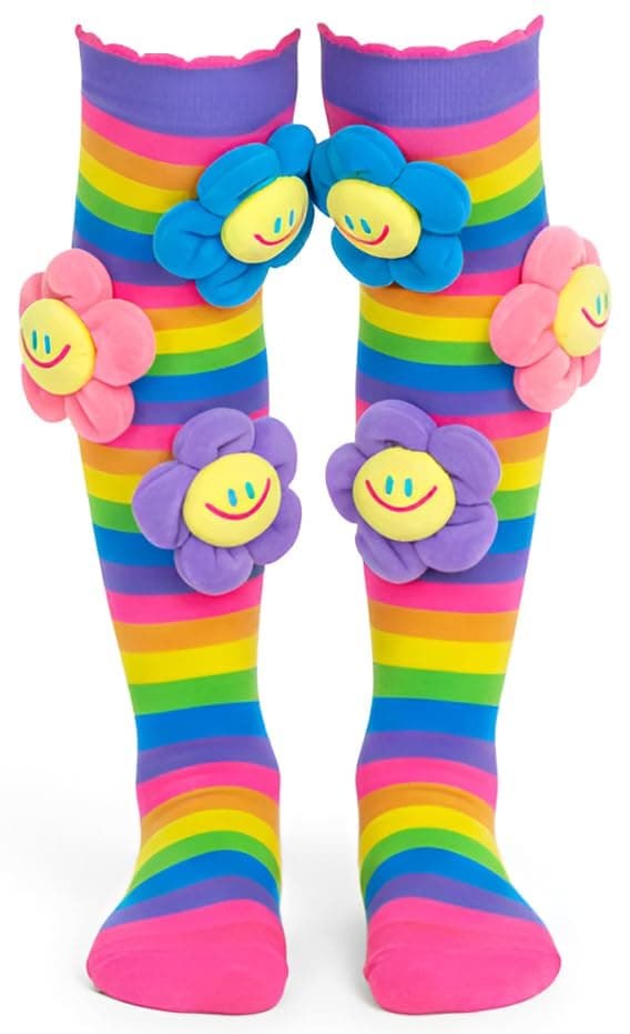 TECPHILE Girls Rainbow Striped Knee-High Socks with 3D Smiling Flower Colorful Long Socks for Ages 3–12, Vibrant Fun Design Long Sock for Kids Soft & Stretchy Kids Novelty Breathable