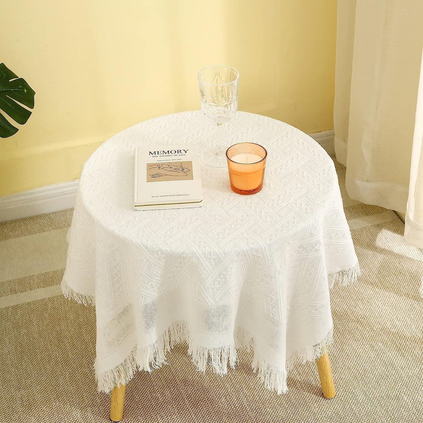 Coffee Square Small Table Cloth, Coffee Table Cover with Tassel, Cotton Linen Waterproof Small Tablecloths Washer Dryer Fridge Top Dust Cover (34 x 34 in) Milk White
