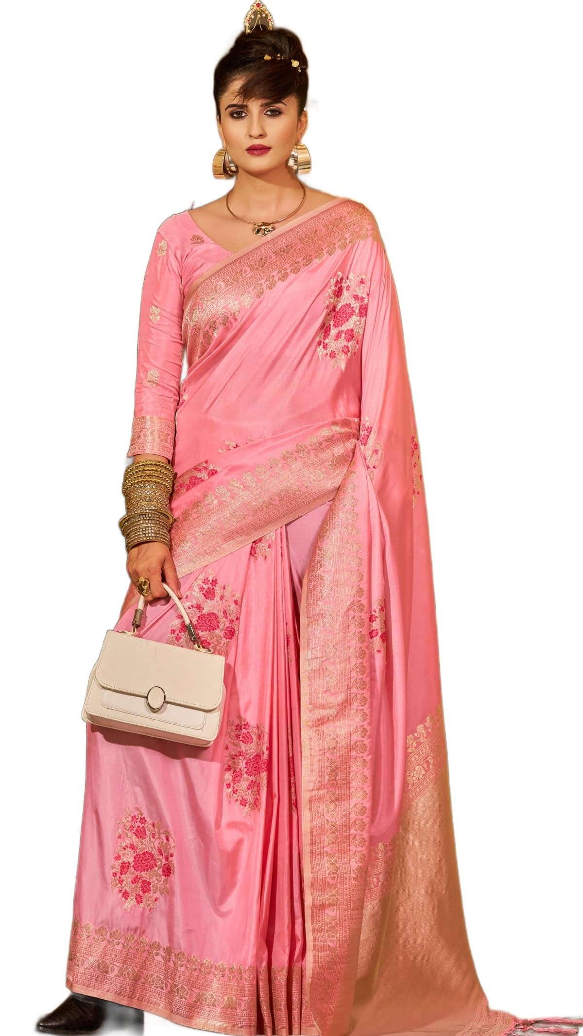 SWORNOF Women's Banarasi silk Saree With Unstitched Blouse Piece (PINK)