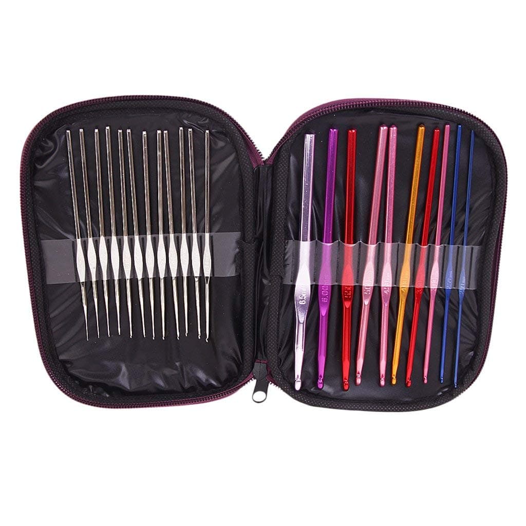Gugzy Aluminium Crochet Knitting Needles Hook in Case for Sewing Craft Sweater Woolen Cloth Yarn Set of 22
