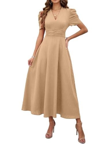 Shasmi Girl's & Women's Skin Solid Color V-Neck A-Line Maxi Dress for Women | New Year Party Outfit | Waist Cinched Puff Sleeve Western Dress | Elegant Casual Wear (Dress 246 Skin-S)
