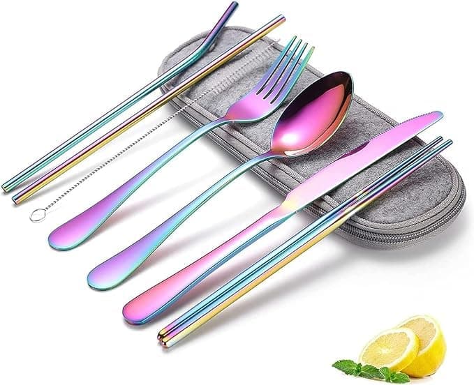 Portable Utensils Set Reusable Travel Set with Housing Stainless Steel Cutlery Set for Camping Hiking Traveling Camping or Lunch Box 8 pcs