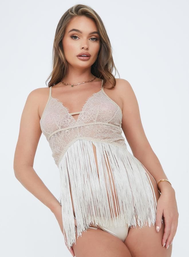 All Lace Front Top Fringe Detail Babydoll And Thong Set